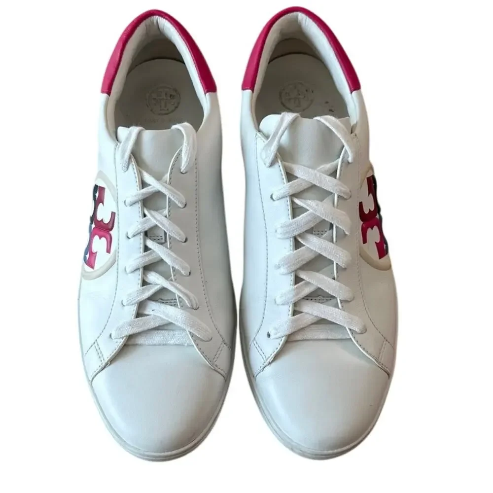 Tory Burch Leigh‎ T Logo Sneakers White Azalea Pink Size 10